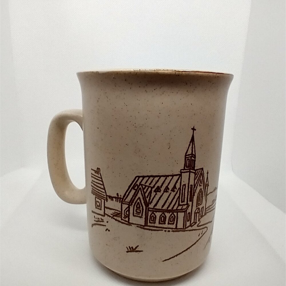 Collection Manoir Mug/Coffee Cup Hand Crafted Brown with Rural Church Scene